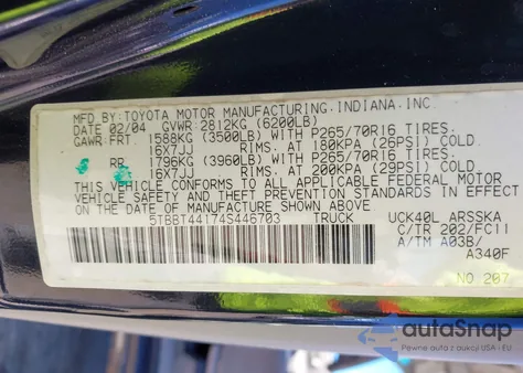 2004 Toyota Tundra Sr5 V8 из США, поврежденный, VIN 5TBBT44174S446703